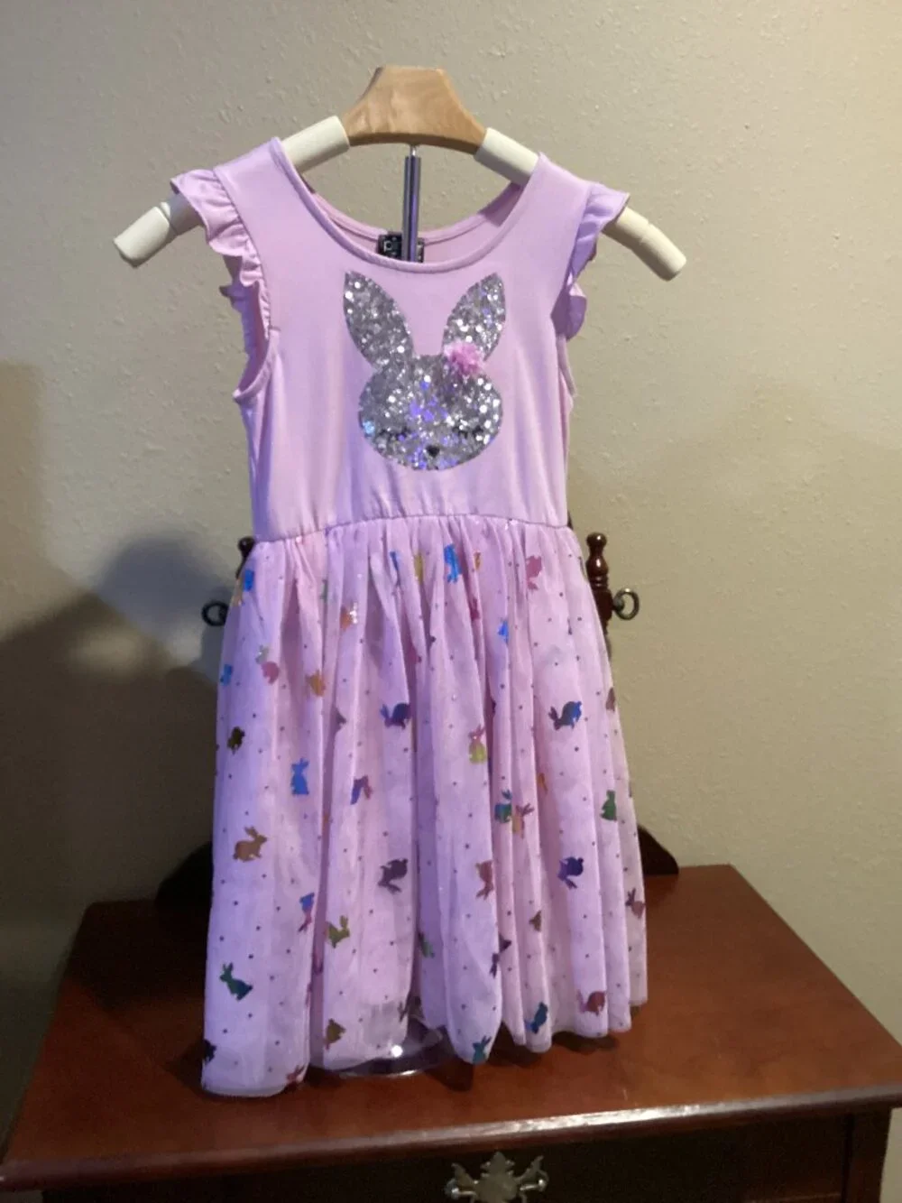 Girls Lavender Sequin Bunny Tulle Dress with Ruffle Sleeves